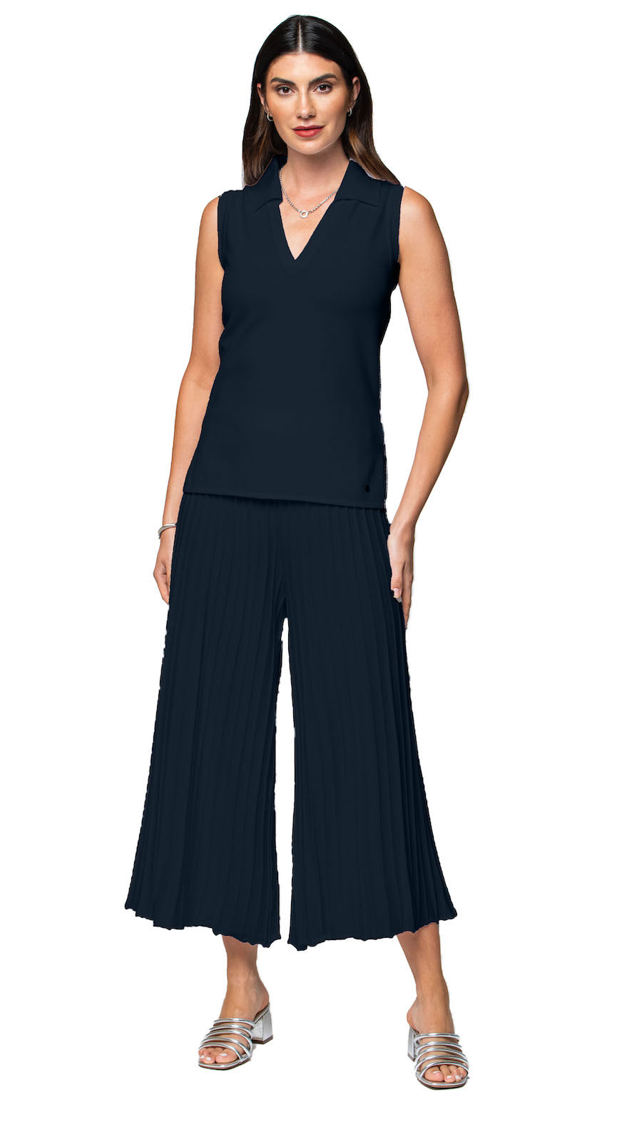 Stella Piquet-Knit Sleeveless Polo Top, Dark Navy (Sizes S, L, XL ship on 5/30)
