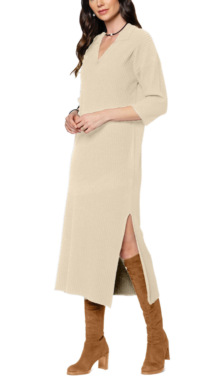 Gabriella Vertical Rib-Knit 3/4 Sleeved Midi Dress; Warm Beige Gabriella Vertical Rib-Knit 3/4 Sleeved Midi Dress; Warm Beige