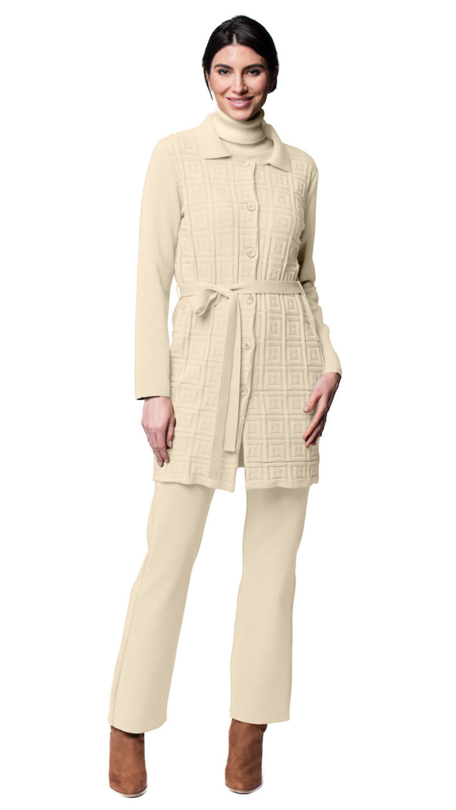 Sydney Square-Patern Knit Car Coat ; Warm Beige