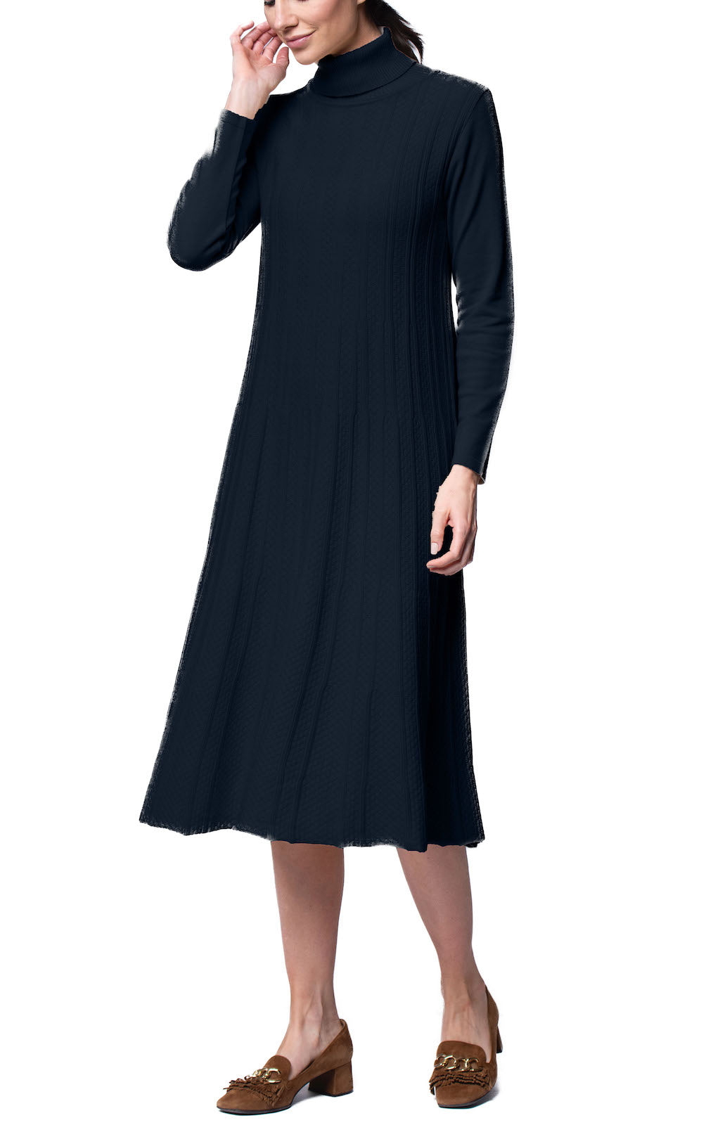 Haylee Midi Turtleneck Sweater Dress, Dark Navy Haylee Midi Turtleneck Sweater Dress, Dark Navy