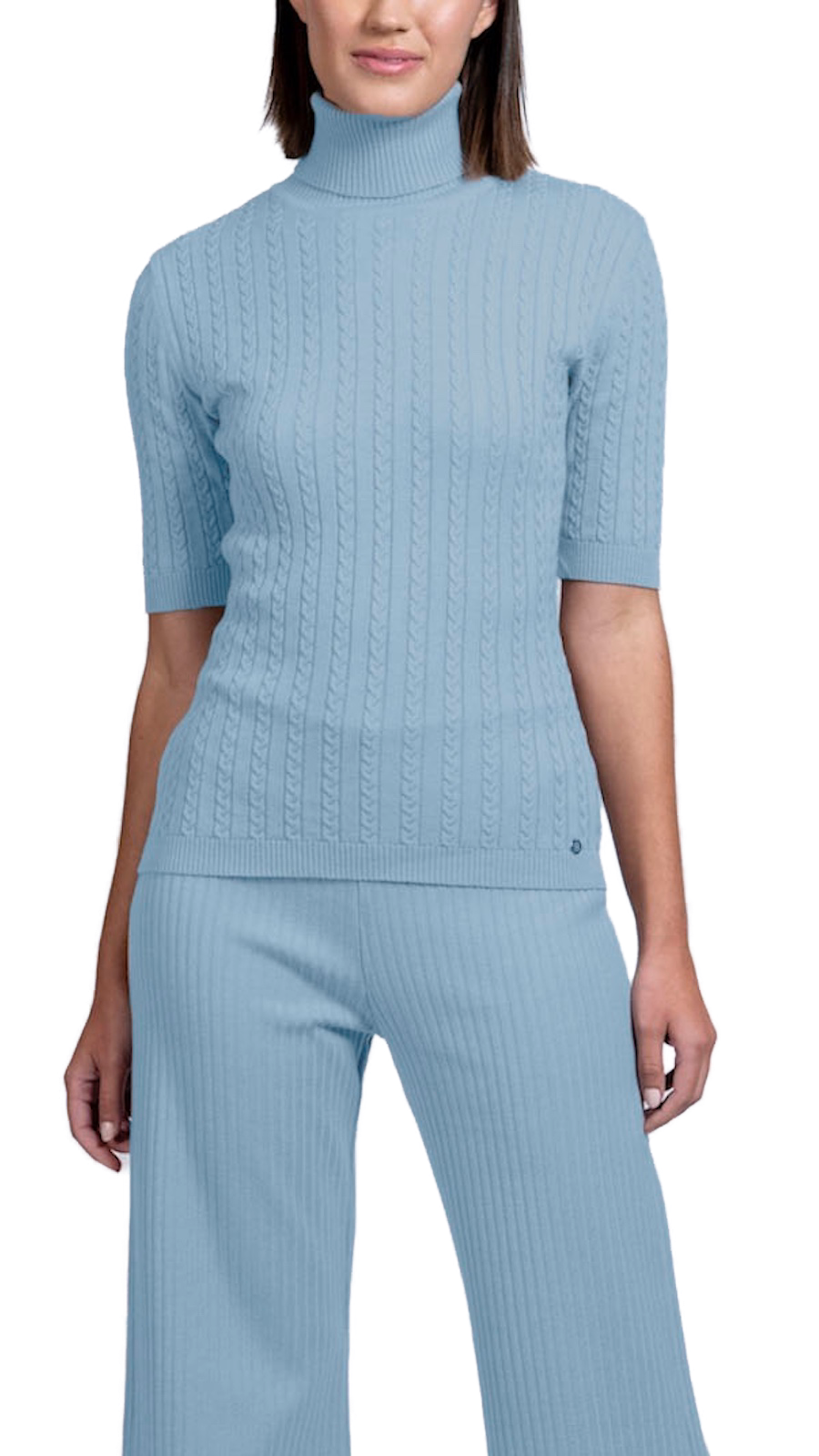 Sherri Short Sleeved Cable-Knit Turtleneck, Sky Blue