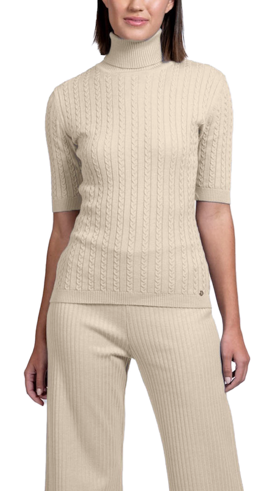 Sherri Short Sleeved Cable-Knit Turtleneck, Beige Melange