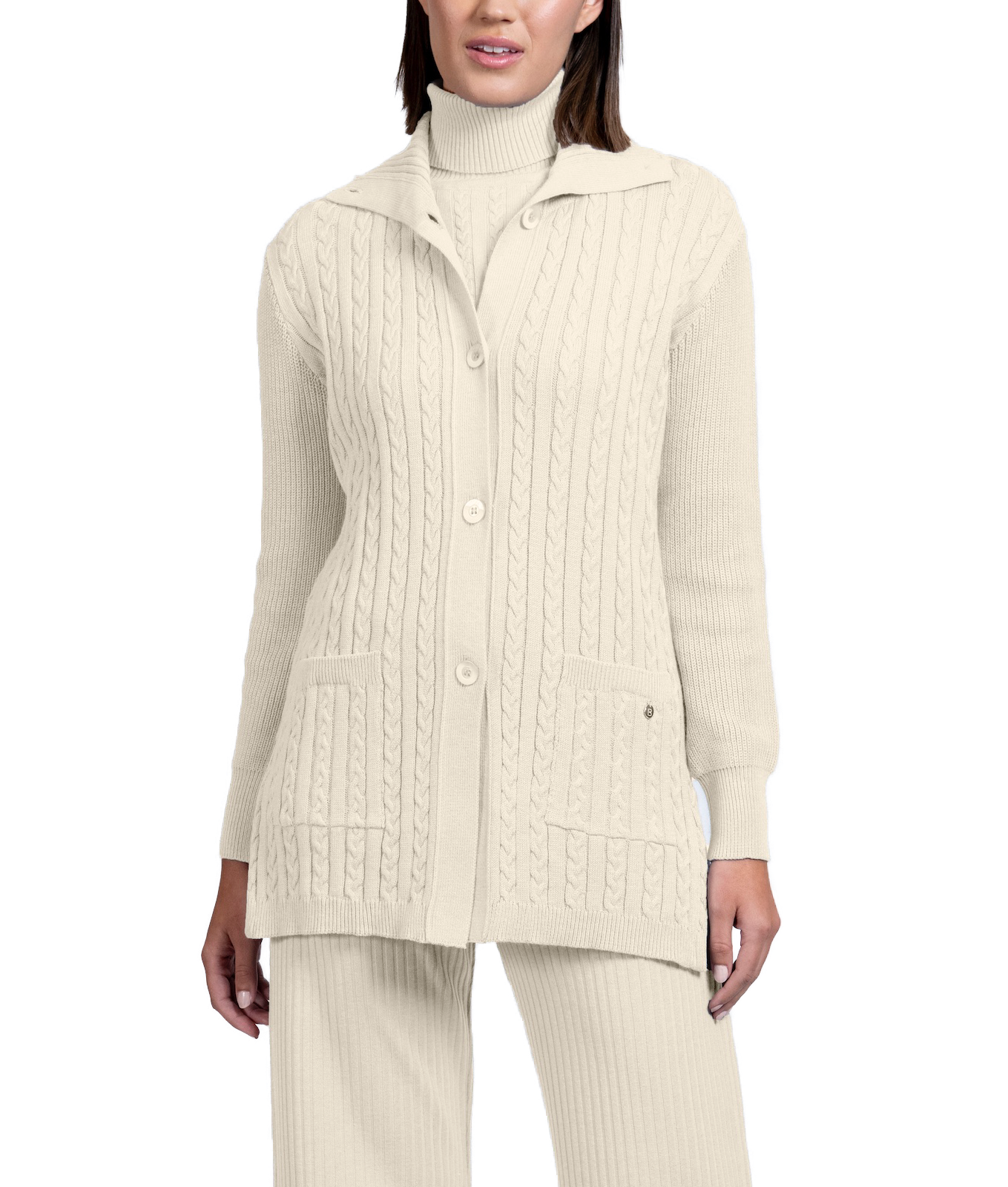 Shirley Mid-Length Cable-Knit Cardigan, Beige Melange