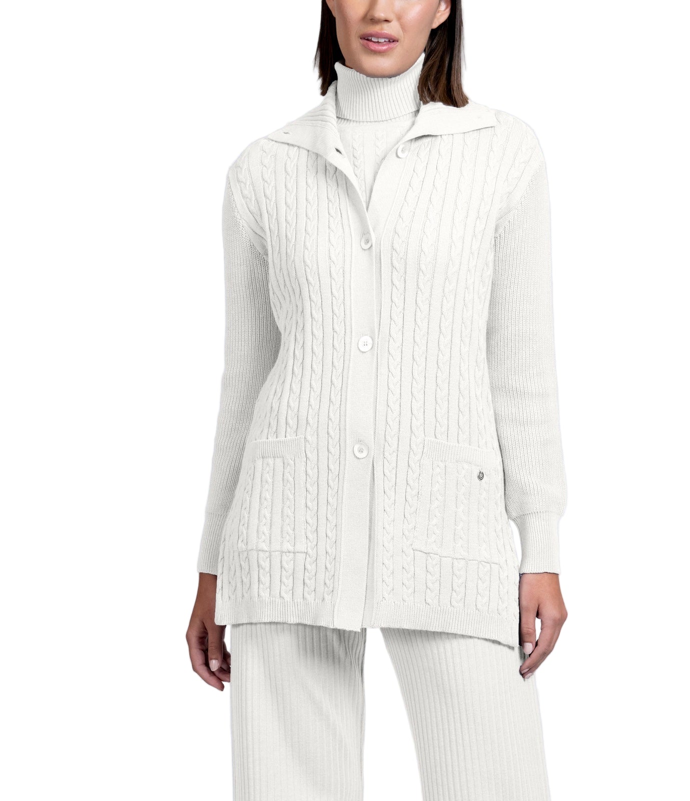 Shirley Mid-Length Cable-Knit Cardigan, Winter White