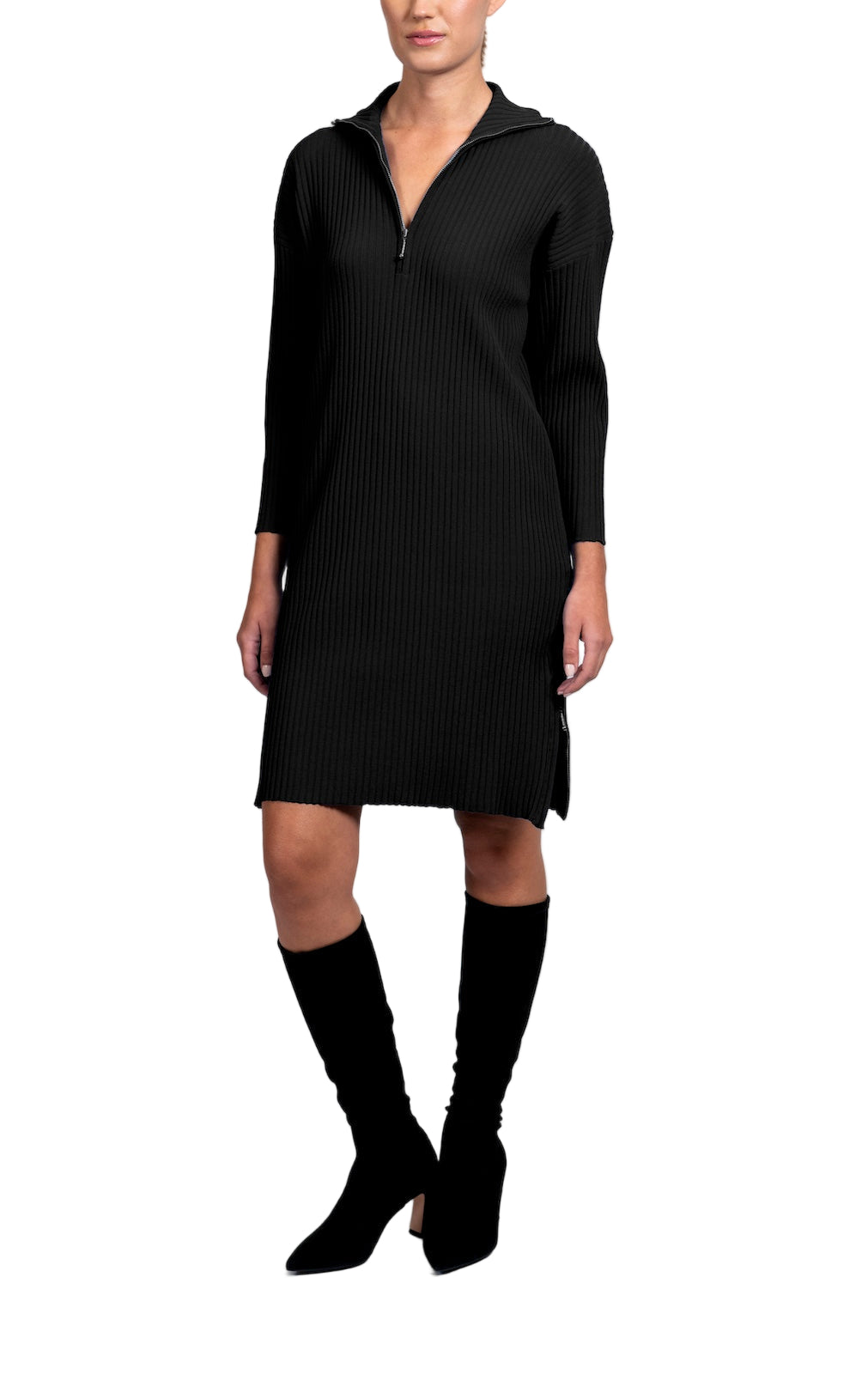 Sandy Vertical Rib-Knit Zip Up Mock Neck Dress; Black