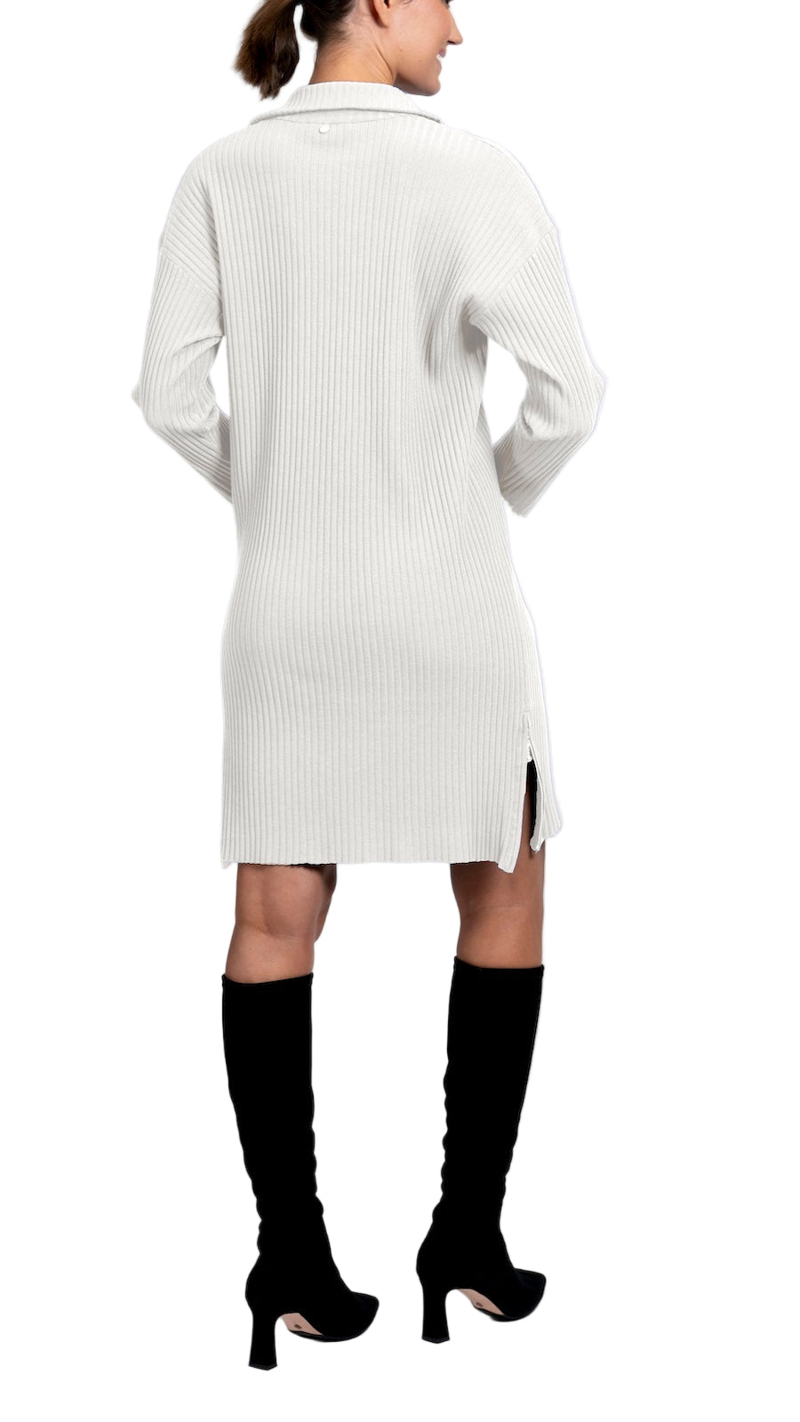 Sandy Vertical Rib-Knit Zip Up Mock Neck Dress; Winter White