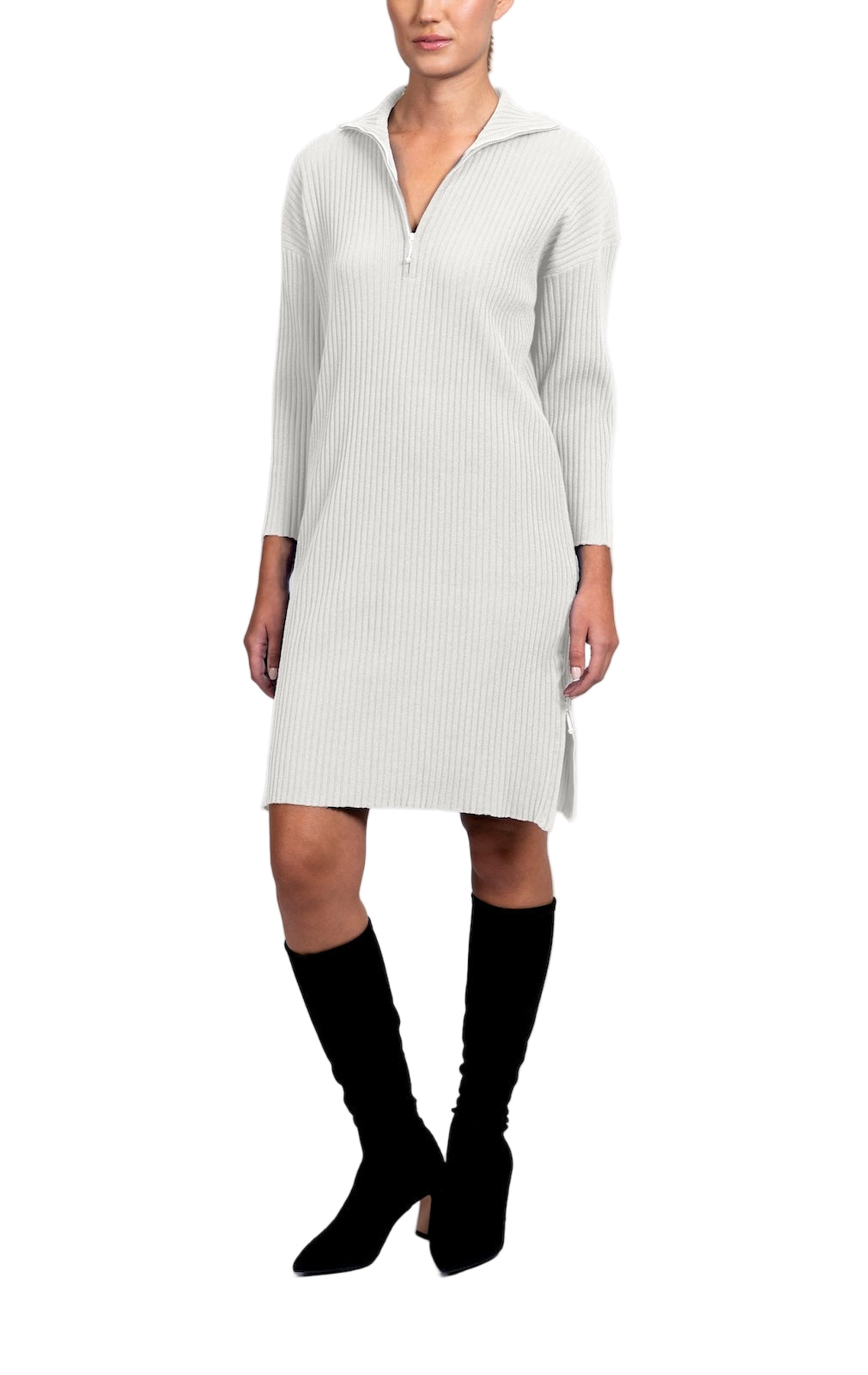 Sandy Vertical Rib-Knit Zip Up Mock Neck Sweater Dress; Winter White