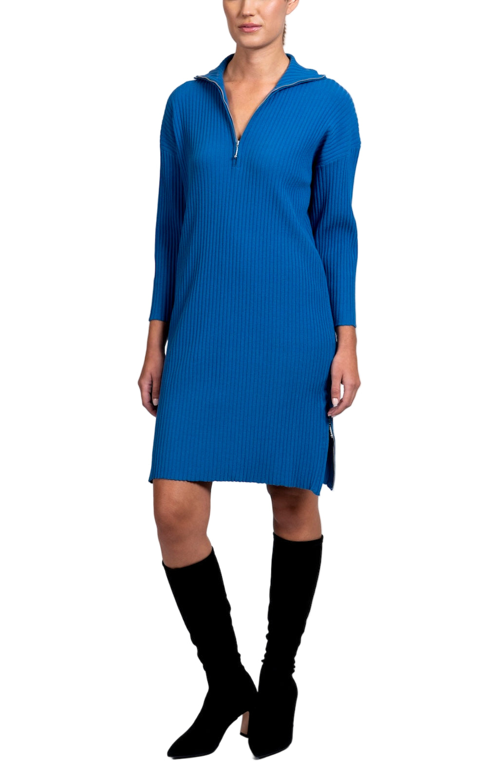 Sandy Vertical Rib-Knit Zip Up Mock Neck Sweater Dress; Ocean Blue
