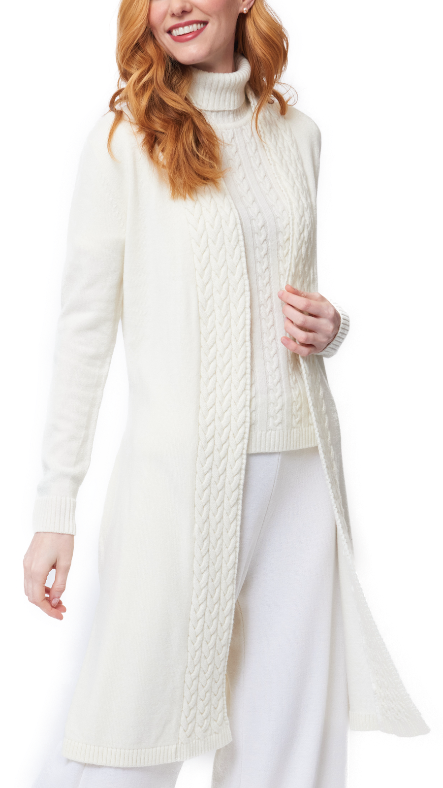 Leana Cable-Knit Belted Coat ; Winter White