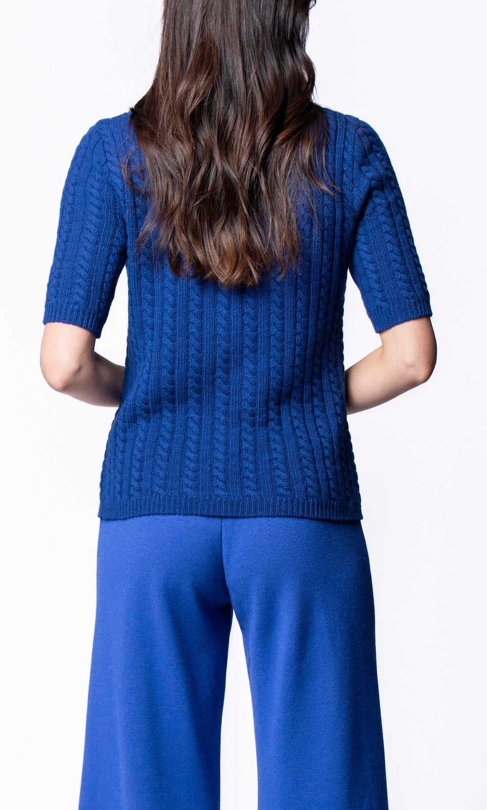 Lilly Short Sleeved Cable-Knit Turtleneck, Dark Royal Blue