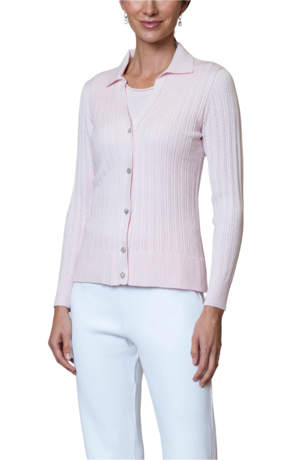 Macy Lace-Cable-Knit Cardigan, Pink Petal