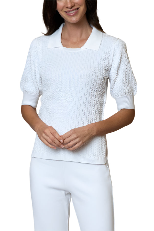 Holly Short Sleeved Crew-Neck Cable-Knit Top, White