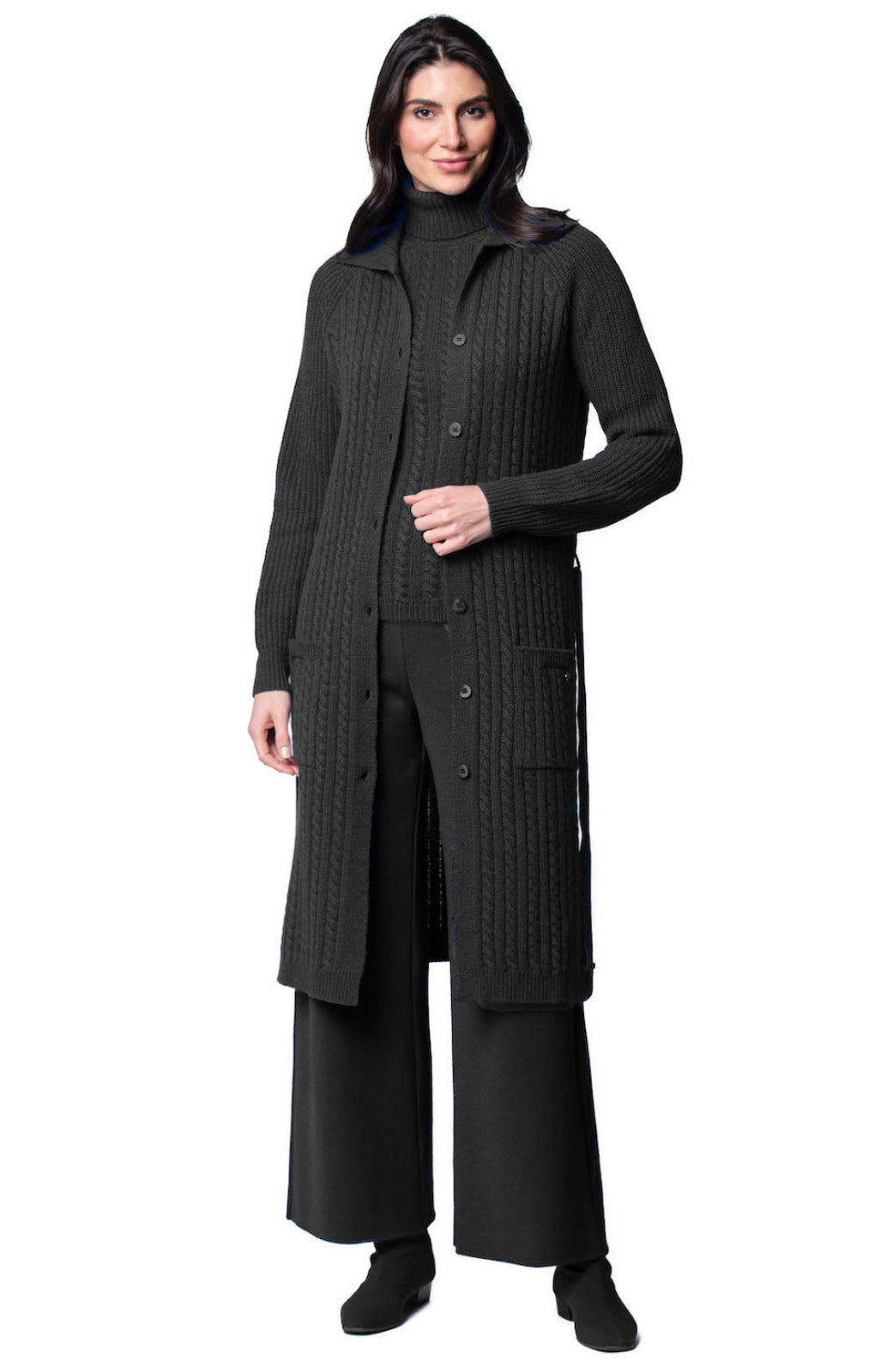 Layla Cable-Knit Belted Coat ; Black Melange