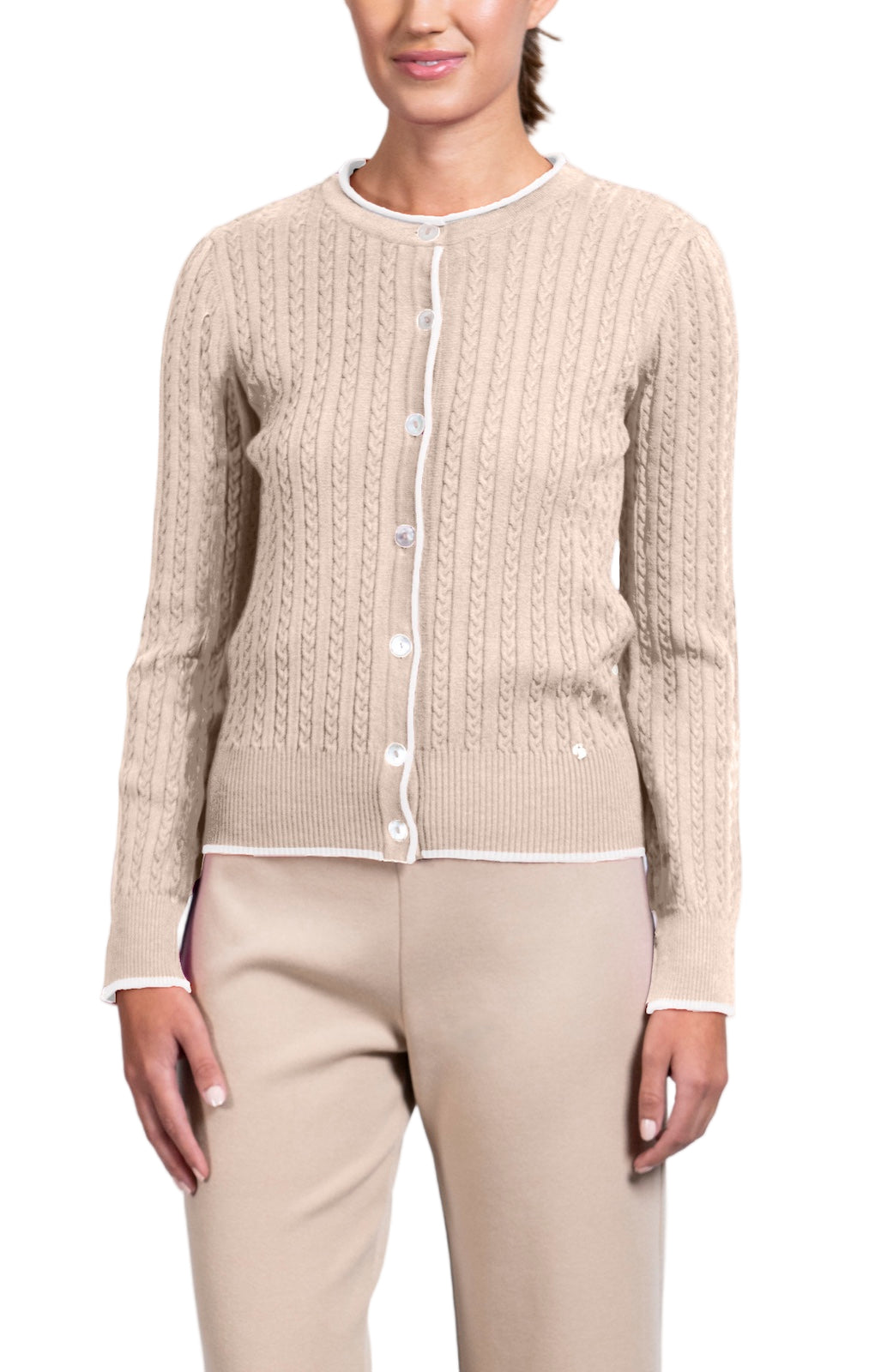 Kristin Cable-Knit Cardigan, Beige Melange / Winter White