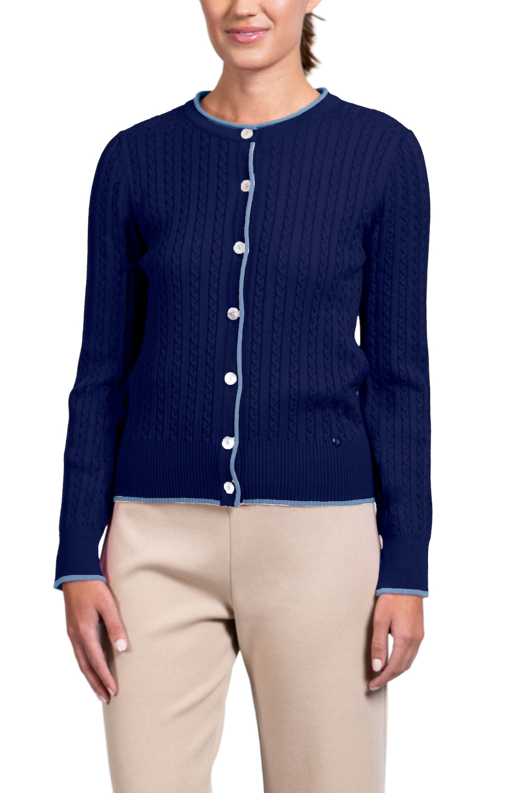 Kristin Cable-Knit Cardigan, Navy / Sky Blue