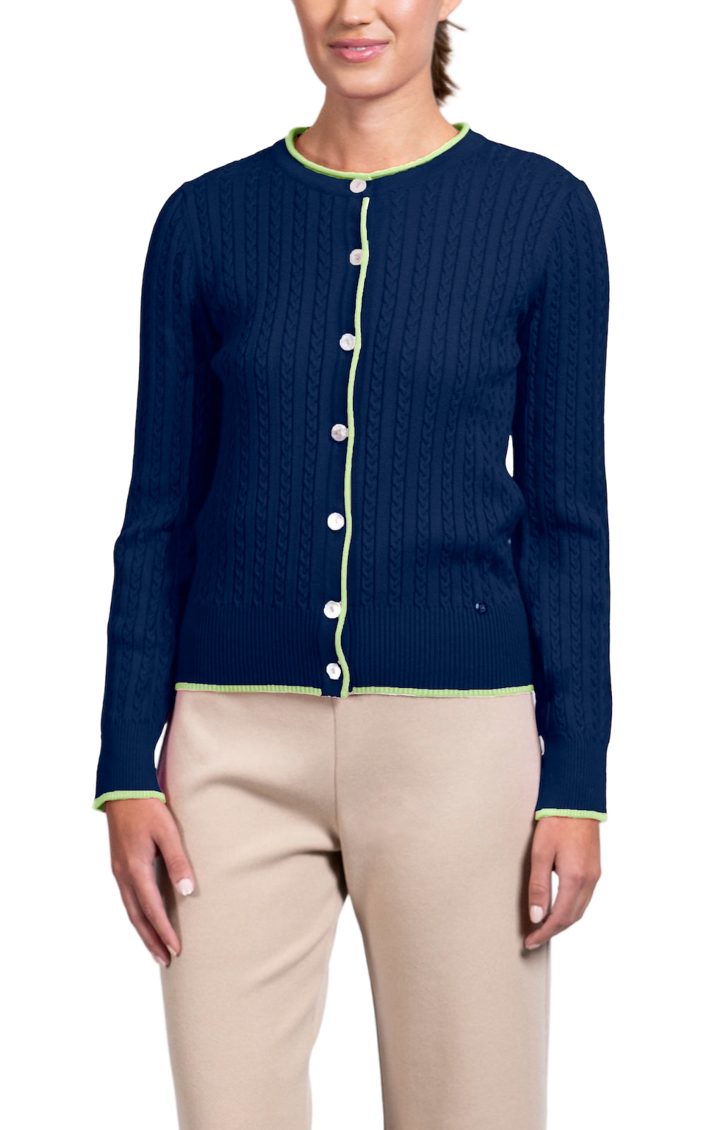 Kristin Cable-Knit Cardigan, Navy / Lime