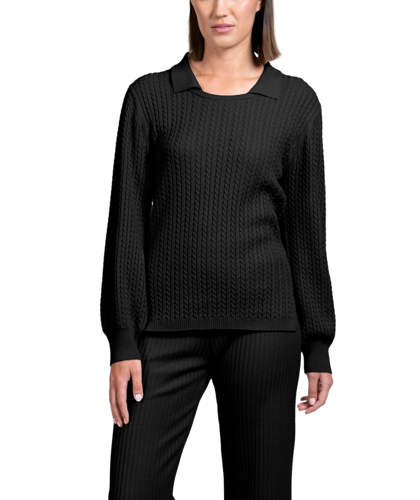 Hope Long Sleeved Crew-Neck Cable-Knit Top, Black