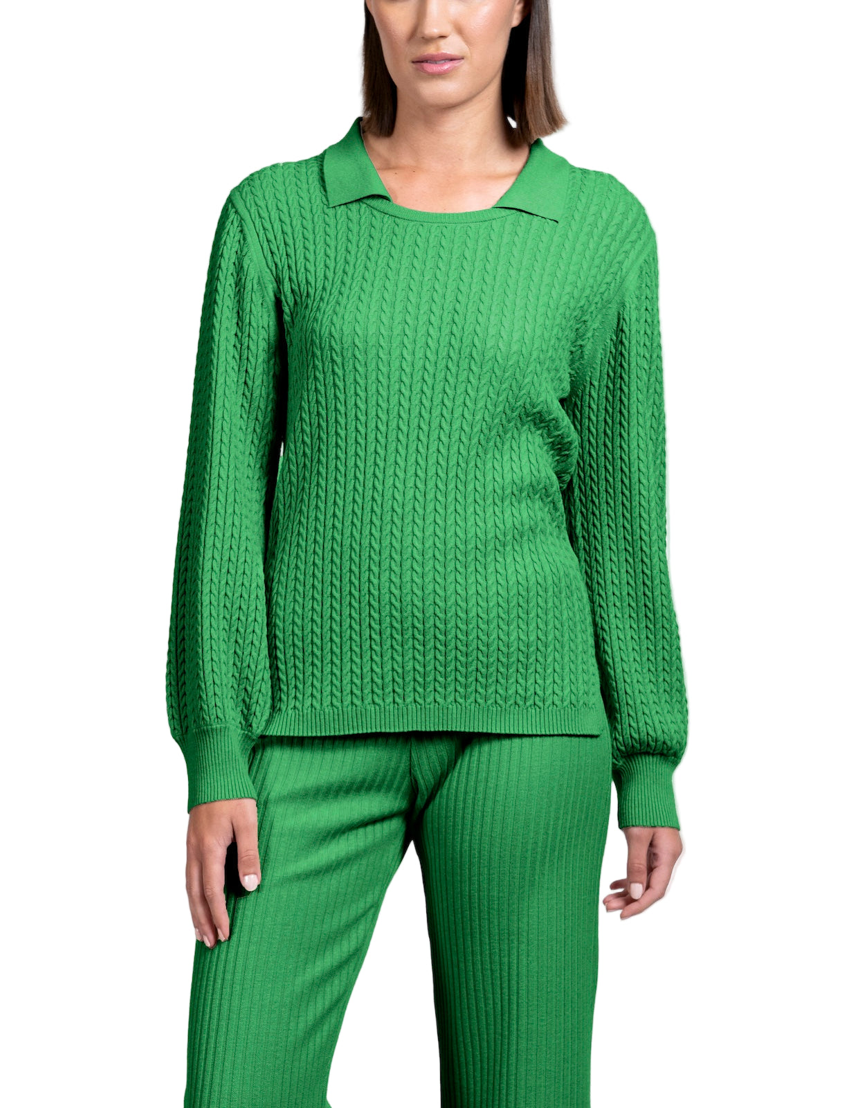 Hope Long Sleeved Crew-Neck Cable-Knit Top, Green