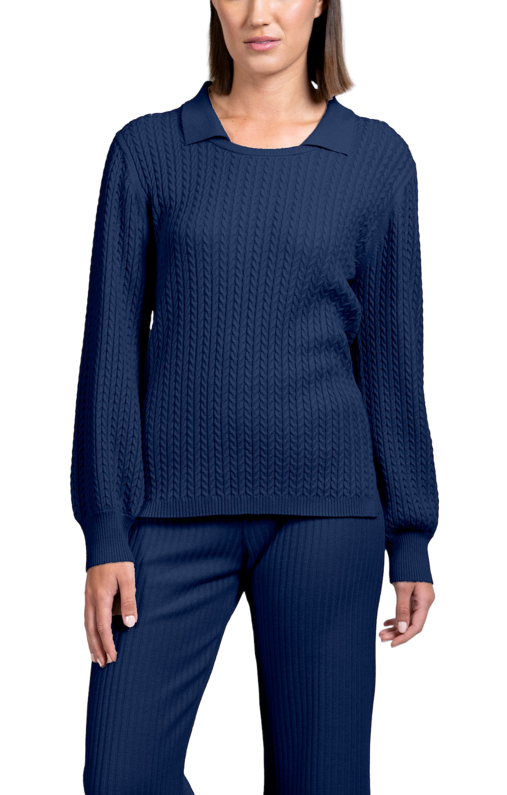 Hope Long Sleeved Crew-Neck Cable-Knit Top, Navy