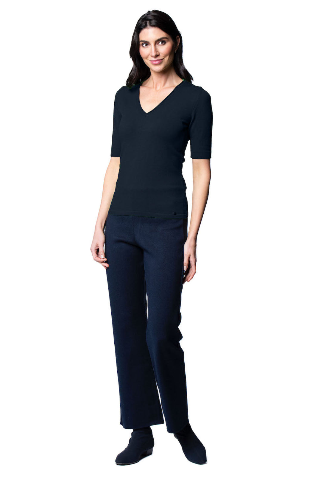 Veneta Short Sleeve V-Neck Top, Dark Navy