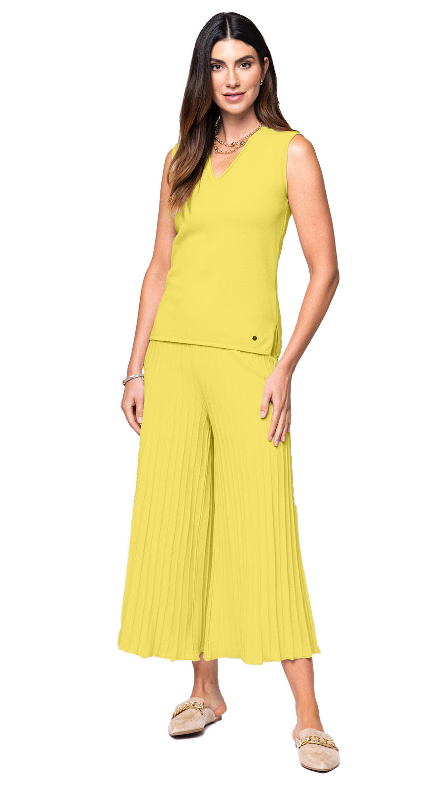 Giuliana Plisse-Look Cropped Wide Leg Pants; Lemon - FINAL SALE