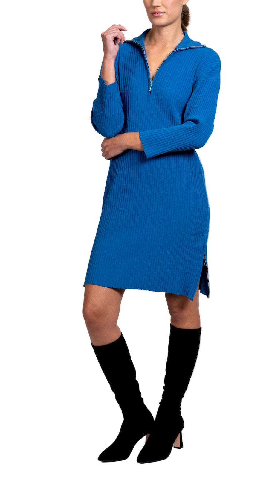 Sandy Vertical Rib-Knit Zip Up Mock Neck Sweater Dress; Ocean Blue