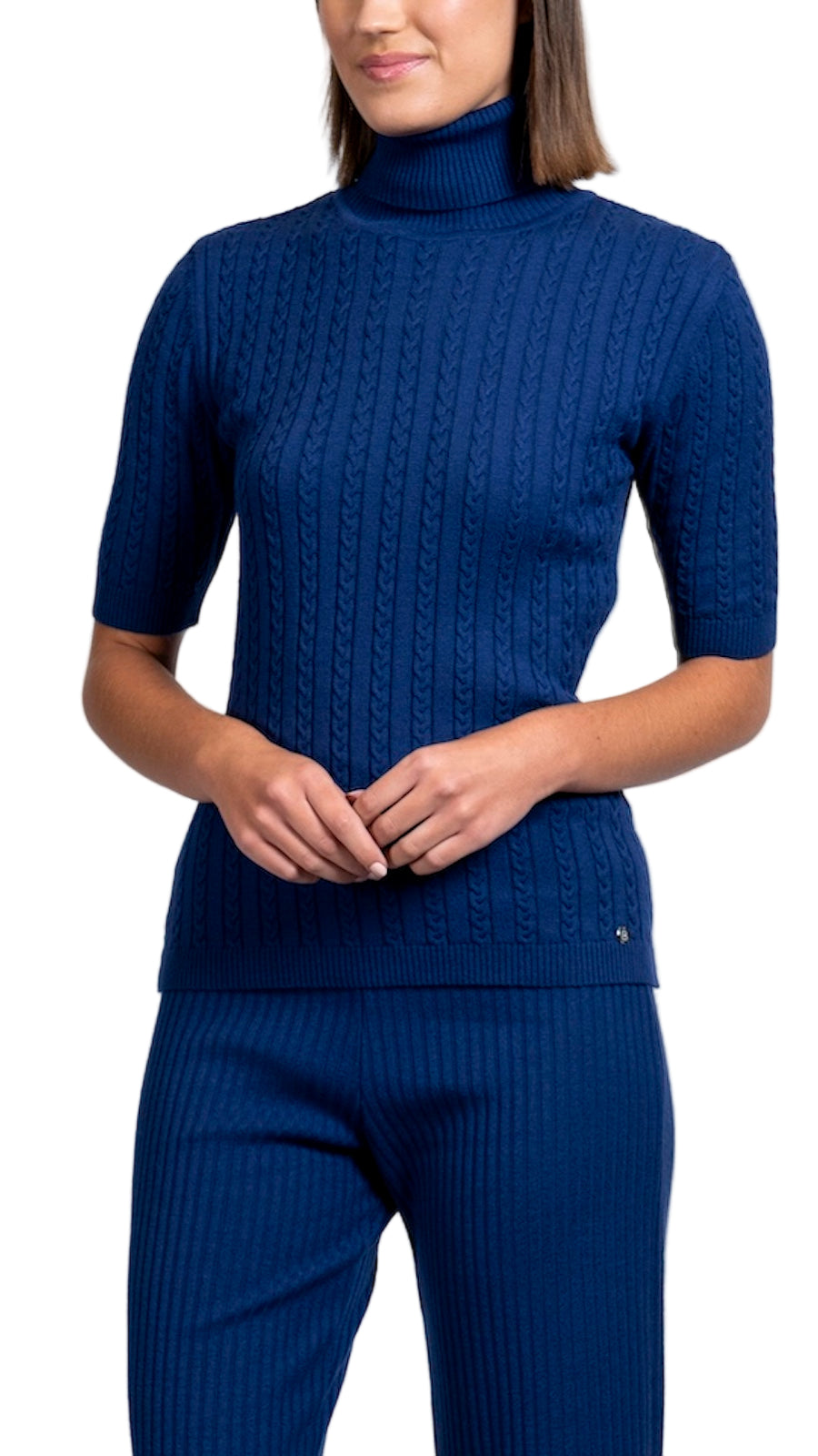 Sherri Short Sleeved Cable-Knit Turtleneck, Navy
