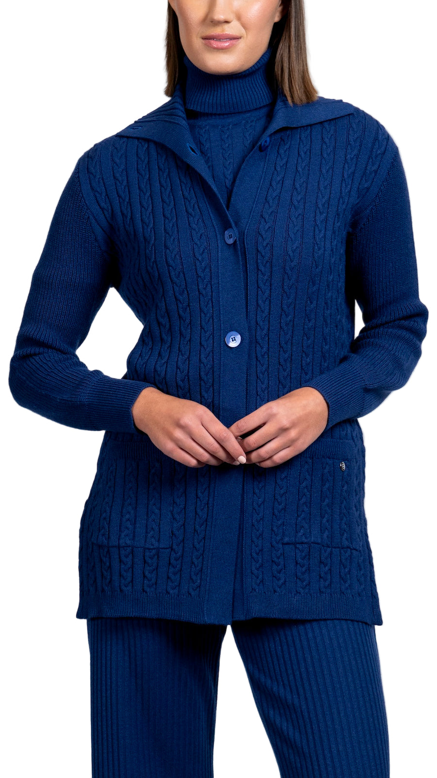 Shirley Mid-Length Cable-Knit Cardigan, Navy