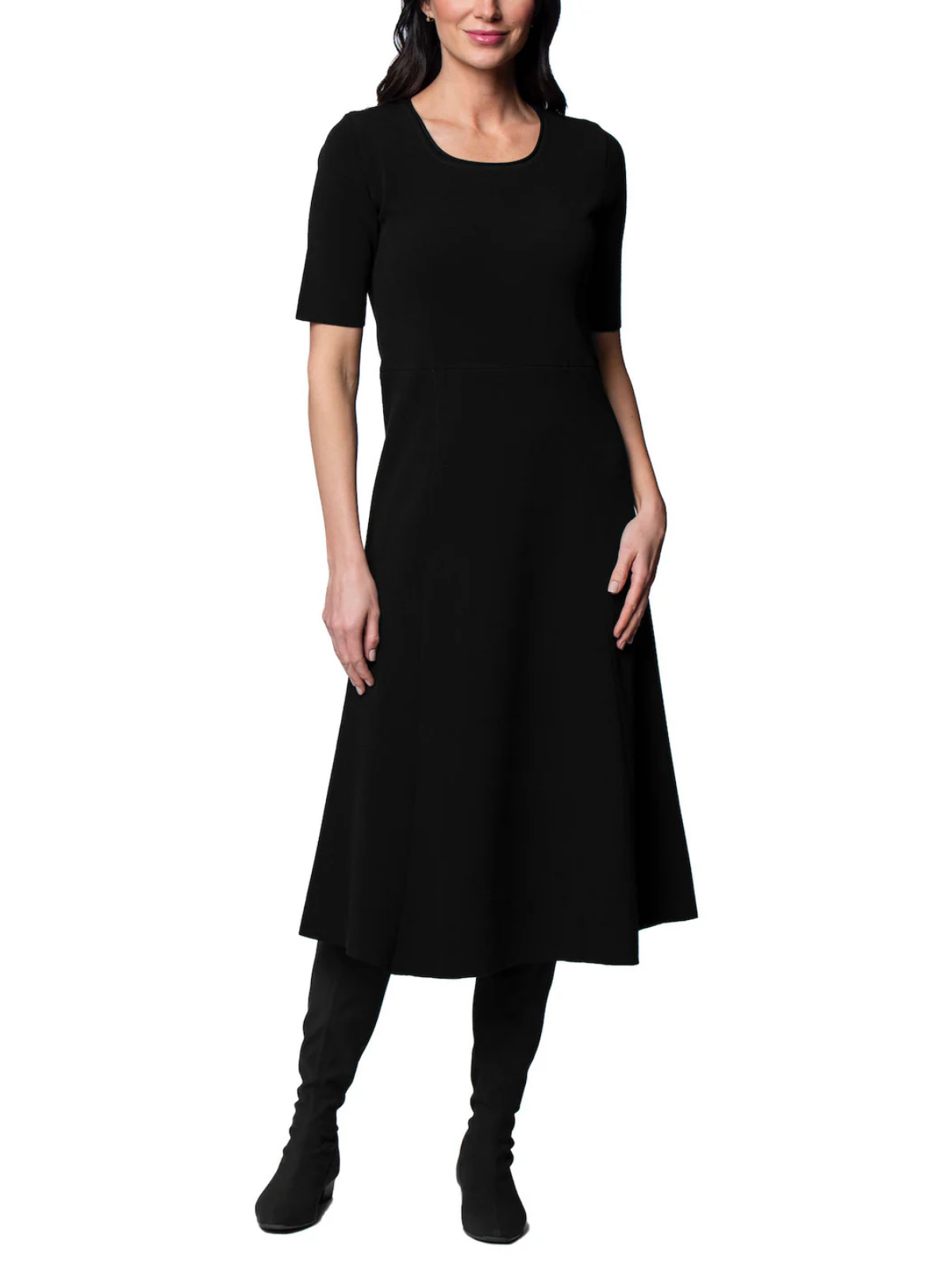 Nora Milano Knit Short Sleeved Fit-And-Flare Midi Dress; Black