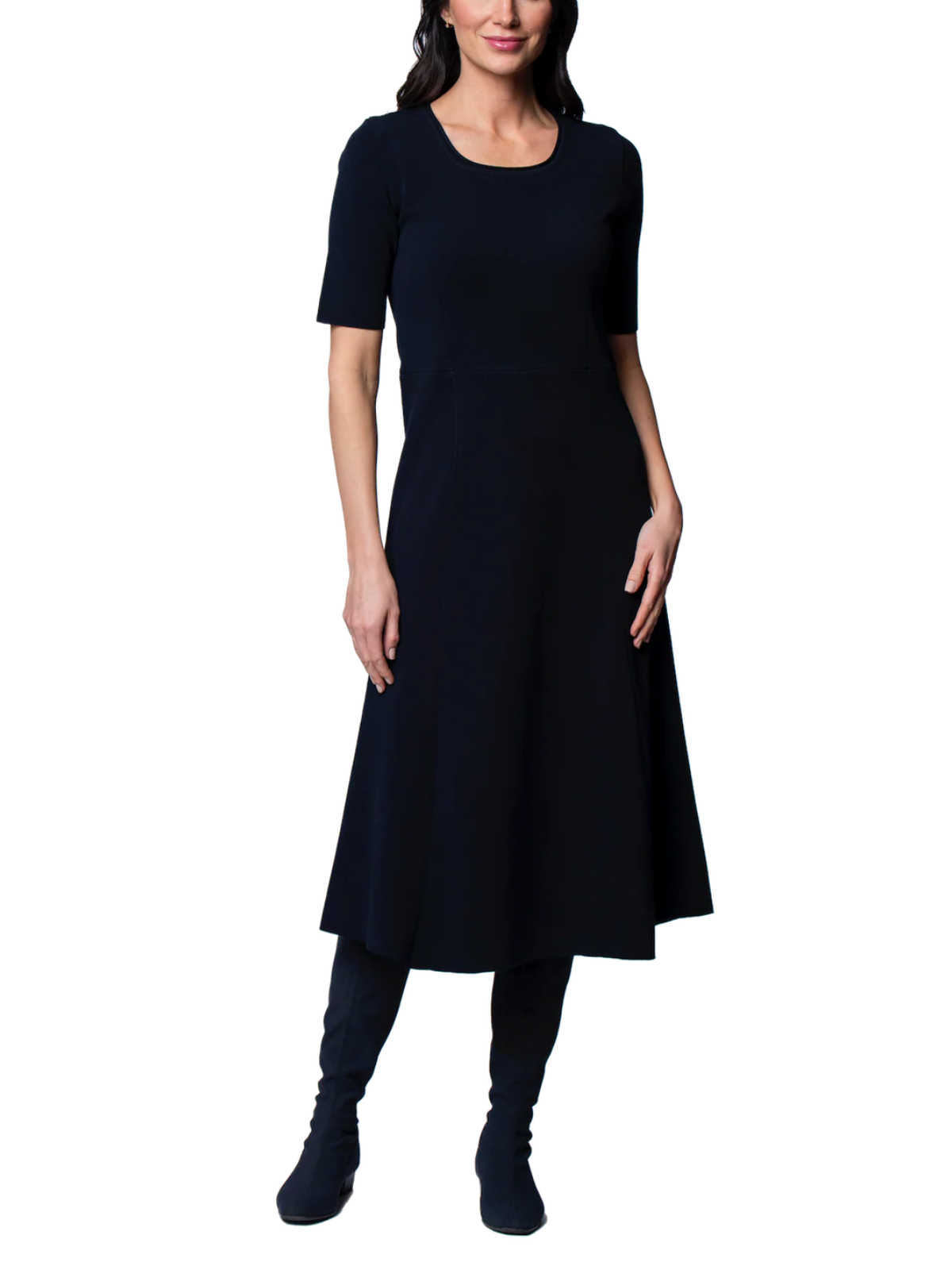 Nora Milano Knit Short Sleeved Fit-And-Flare Midi Dress; Dark Navy Nora Milano Knit Short Sleeved Fit-And-Flare Midi Dress; Dark Navy