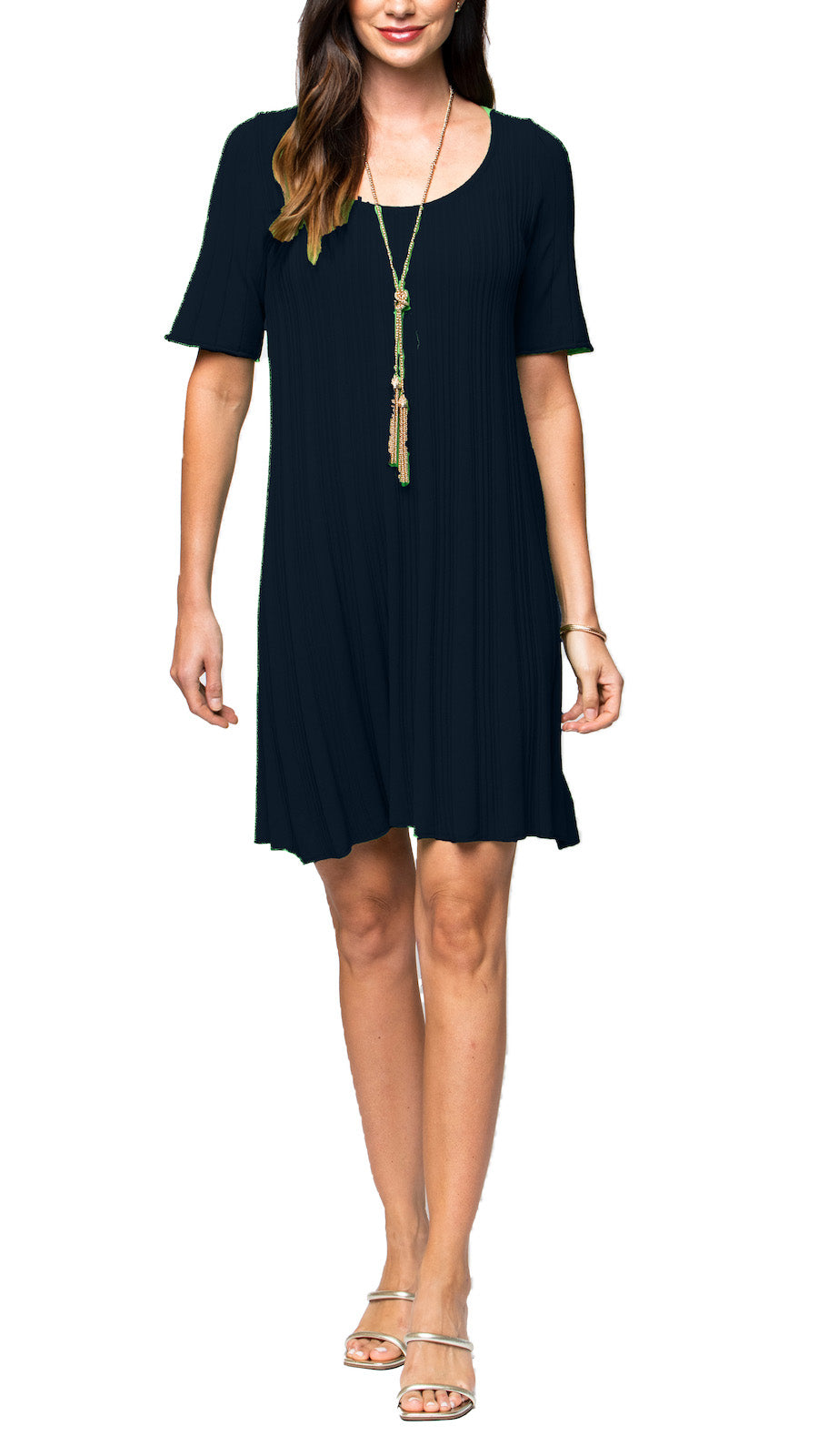 Stephanie Wave Rib Knit Short Sleeved Swing Navy Dress; XS Stephanie Wave Rib Knit Short Sleeved Swing Navy Dress; XS