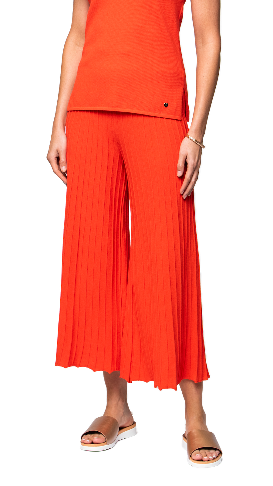 Giuliana Plisse-Look Cropped Wide Leg Pants; Bright Orange