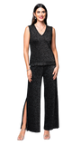 Thalia Wide Leg Shimmery Pant with a Slit; Black Shimmer