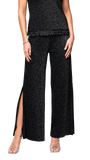 Thalia Wide Leg Shimmery Pant with a Slit; Black Shimmer