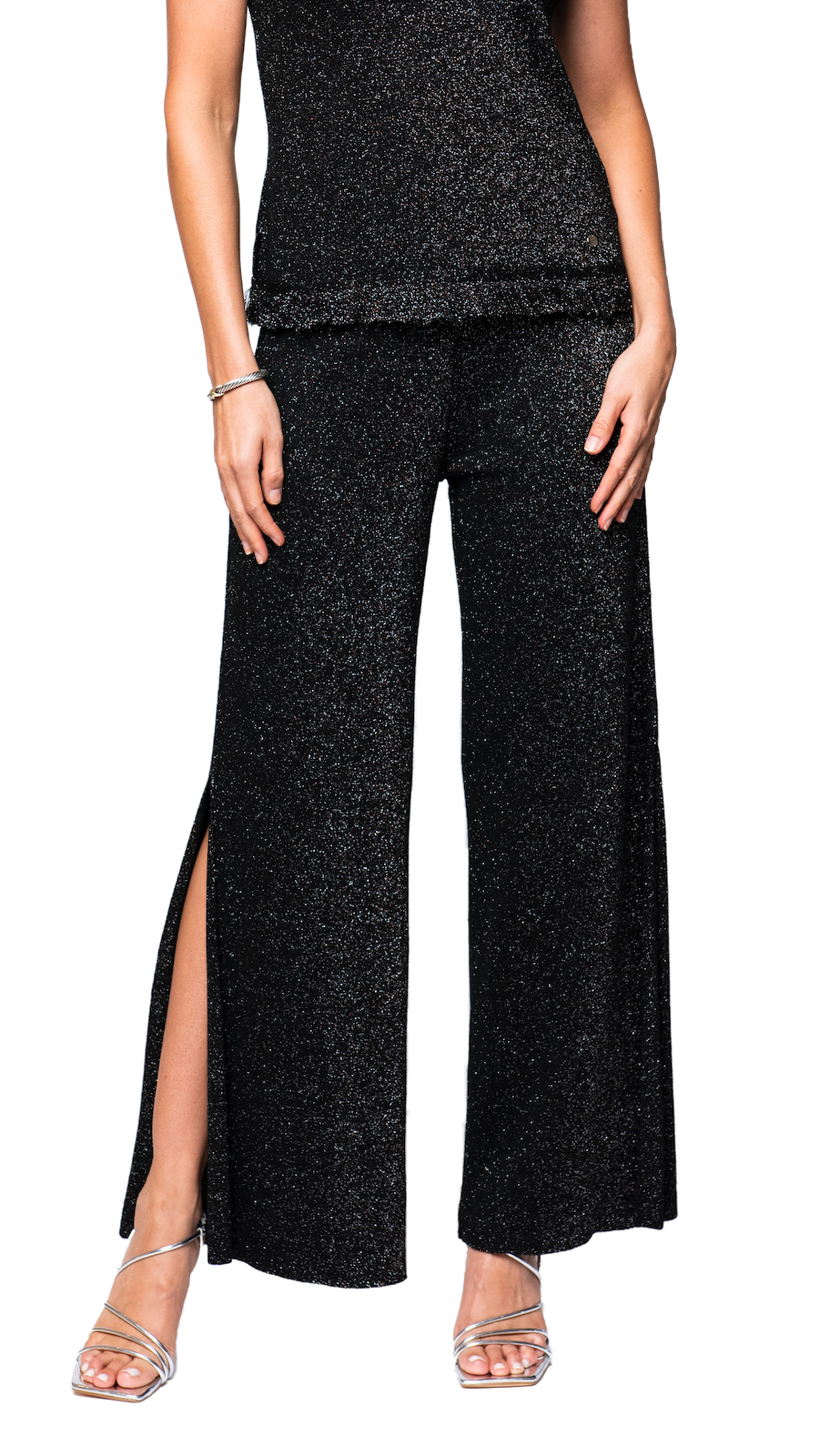 Thalia Wide Leg Shimmery Pant with a Slit; Black Shimmer