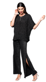 Thalia Wide Leg Shimmery Pant with a Slit; Black Shimmer