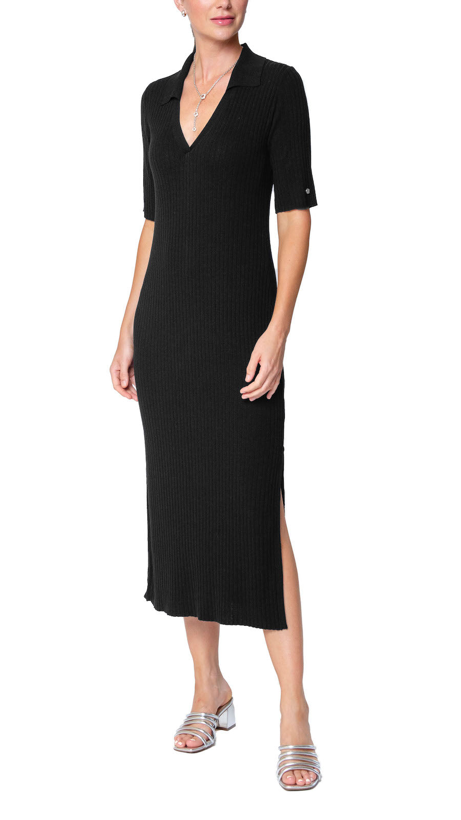 Gillian Rib Knit Midi Polo Dress; Black