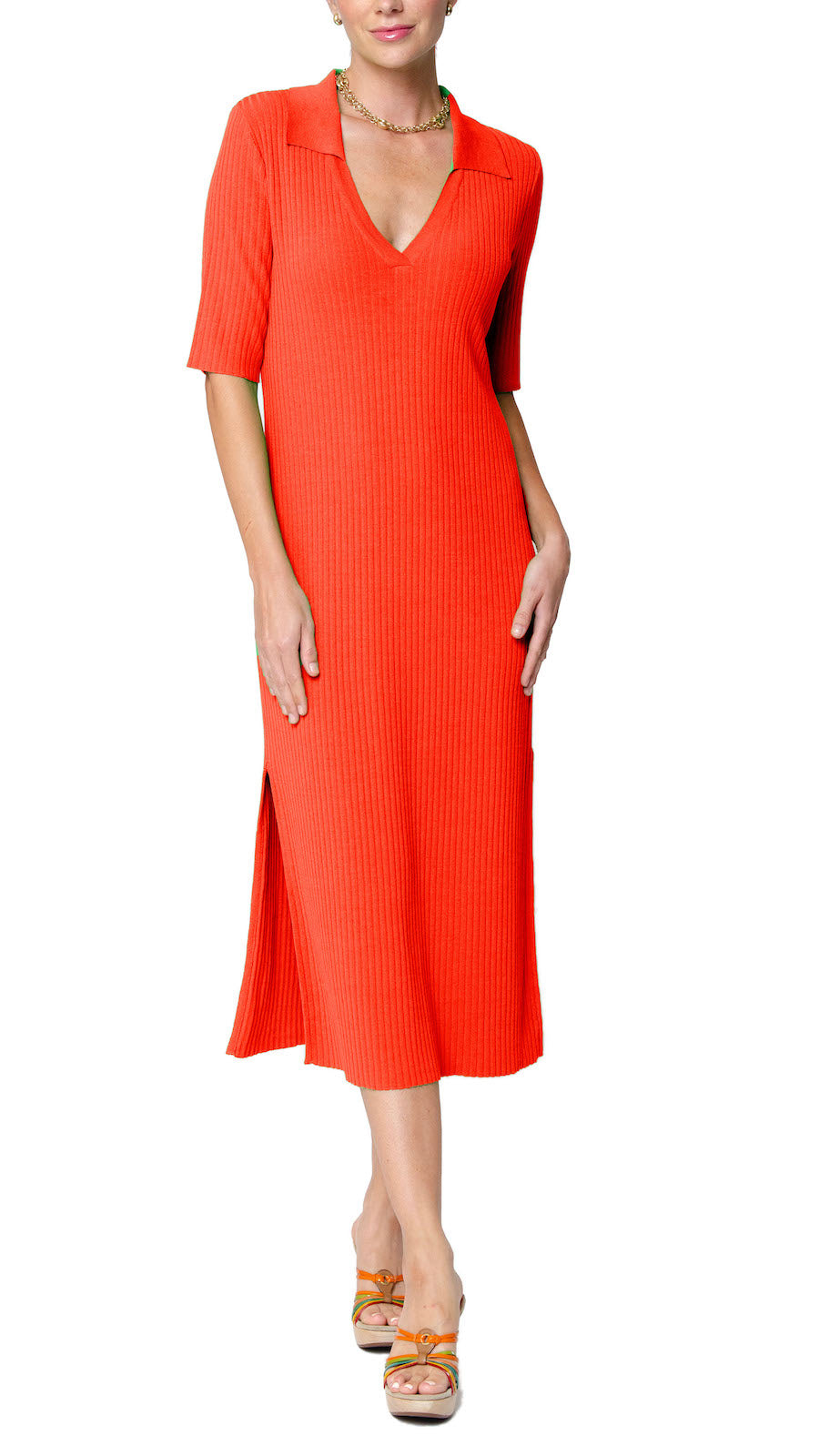 Gillian Rib Knit Midi Polo Dress; Bright Orange