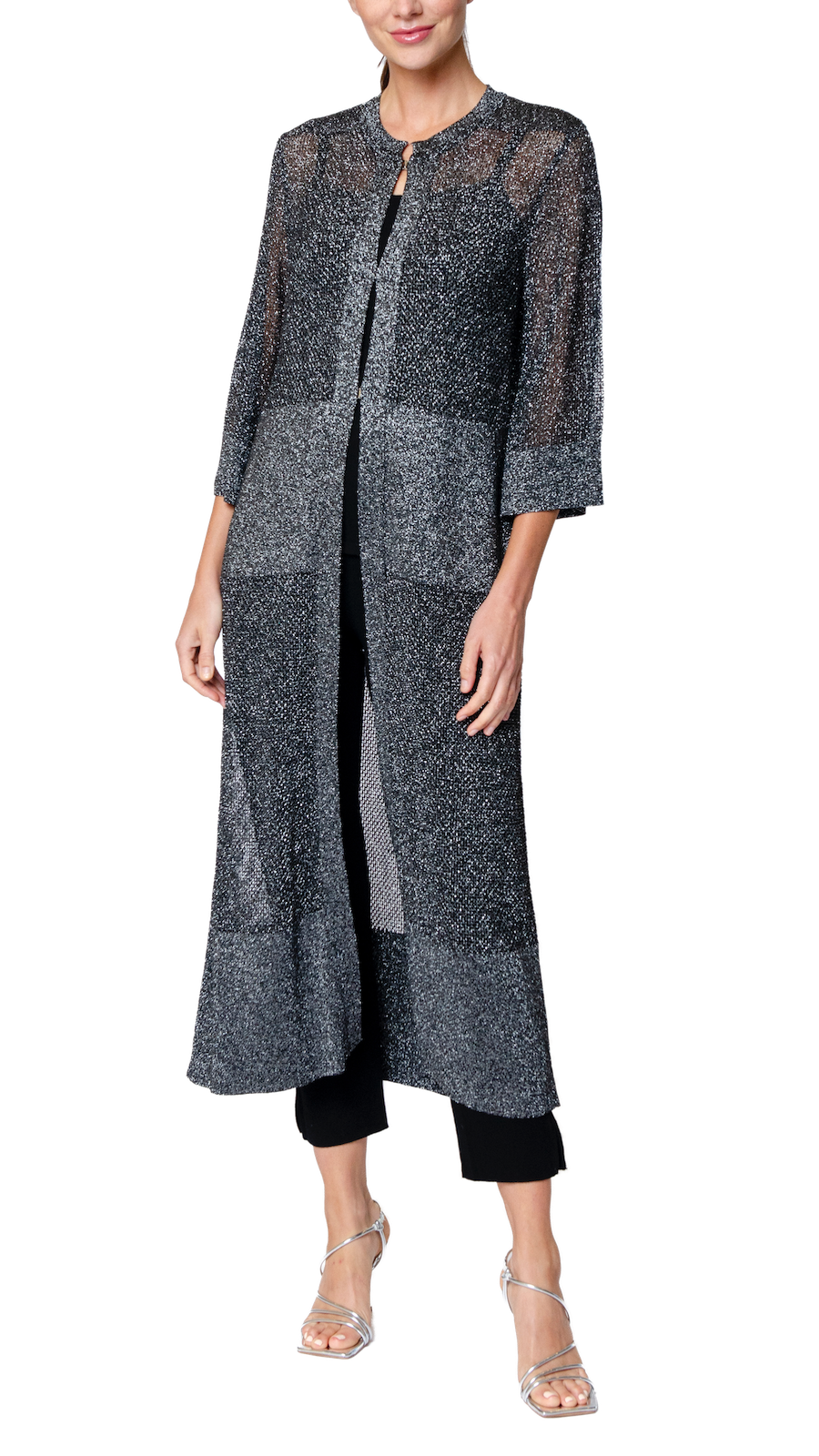 Arianna Shimmery Mesh-Knit Duster / Coat ; Silver Black