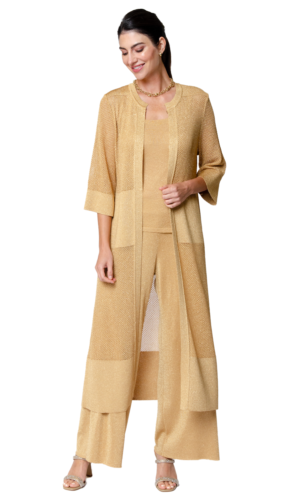 Arianna Shimmery Mesh Knit Duster Coat Golden Sands