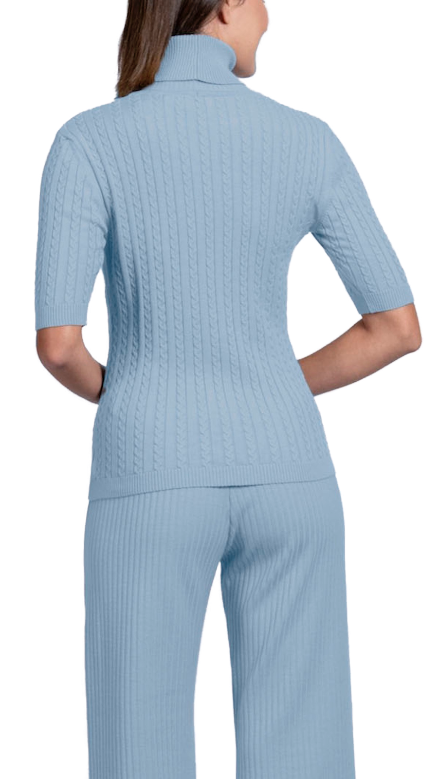 Sherri Short Sleeved Cable-Knit Turtleneck, Sky Blue