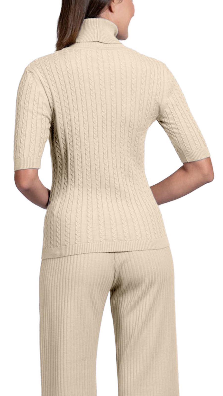 Sherri Short Sleeved Cable-Knit Turtleneck, Beige Melange