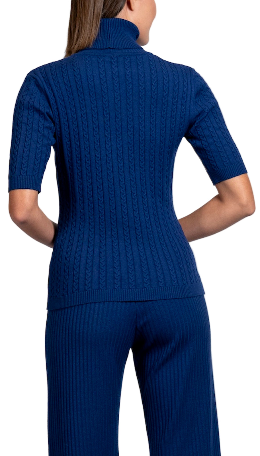 Sherri Short Sleeved Cable-Knit Turtleneck, Navy