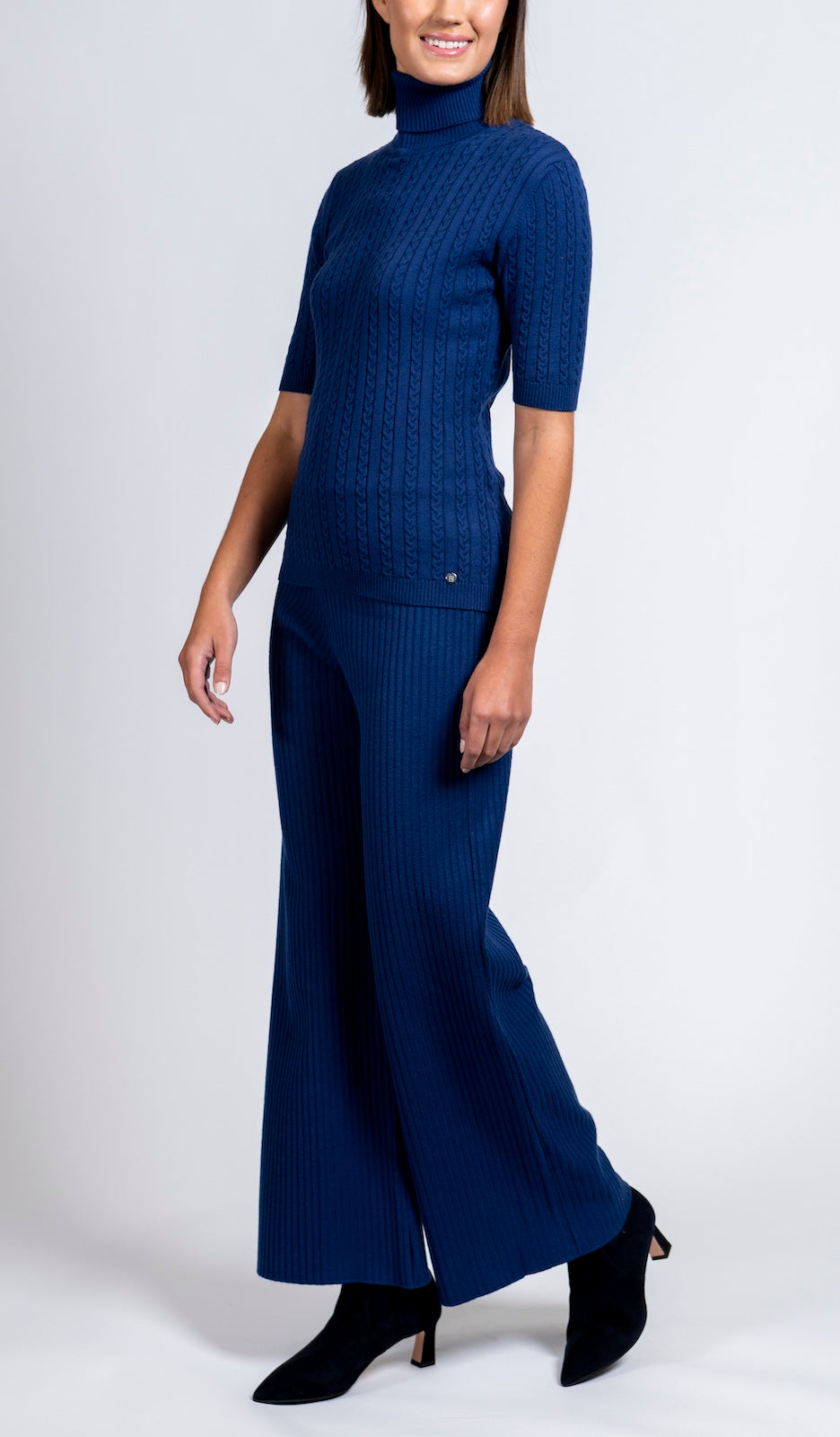 Sherri Short Sleeved Cable-Knit Turtleneck, Navy