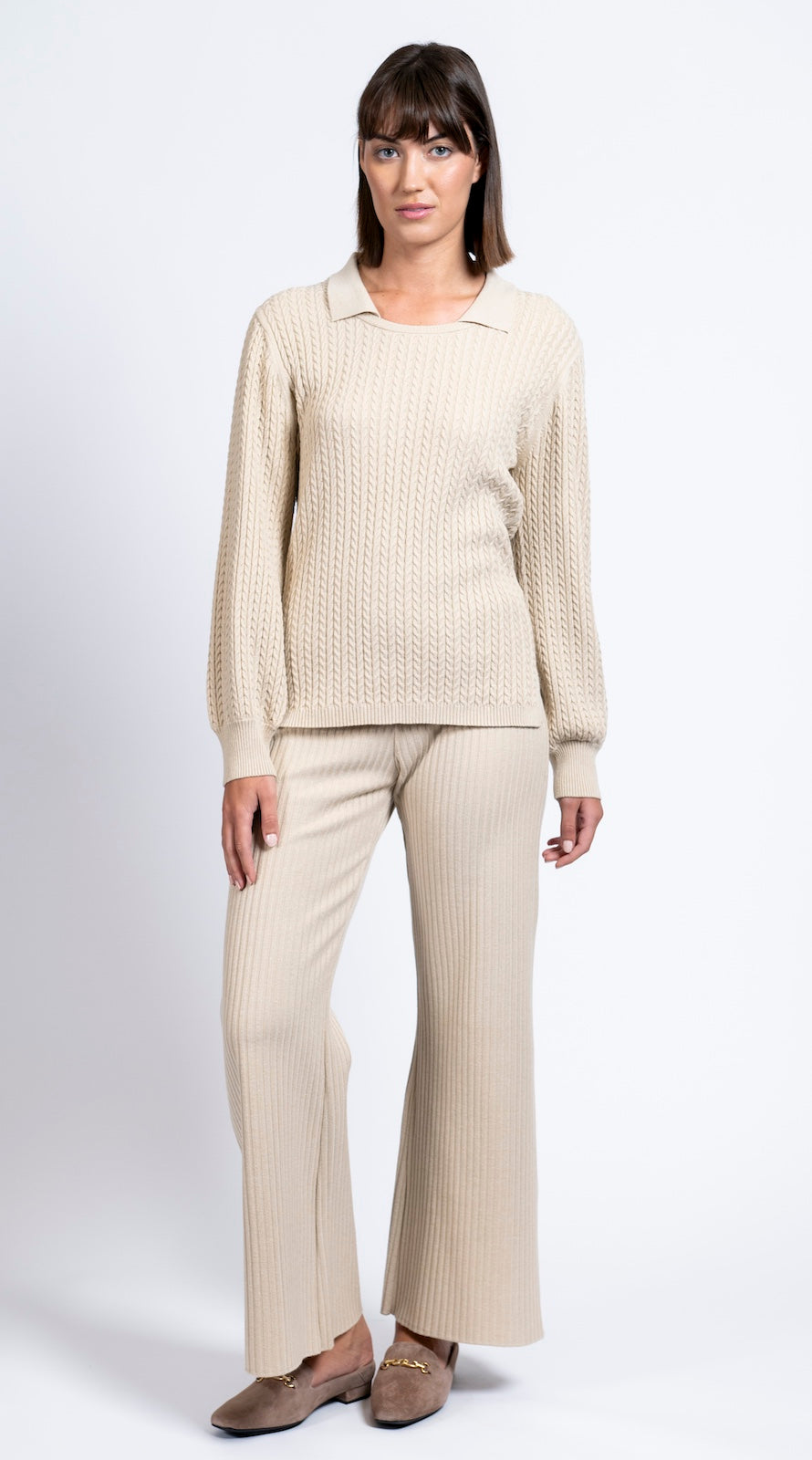 Camilla Rib-Knit Wide Leg Pants; Beige Melange