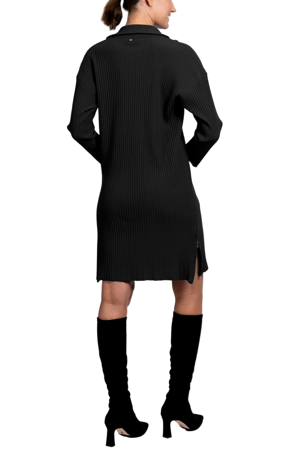 Sandy Vertical Rib-Knit Zip Up Mock Neck Dress; Black