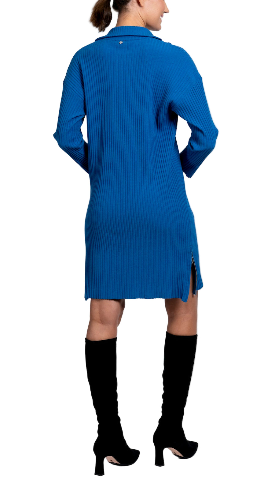 Sandy Vertical Rib-Knit Zip Up Mock Neck Dress; Ocean Blue