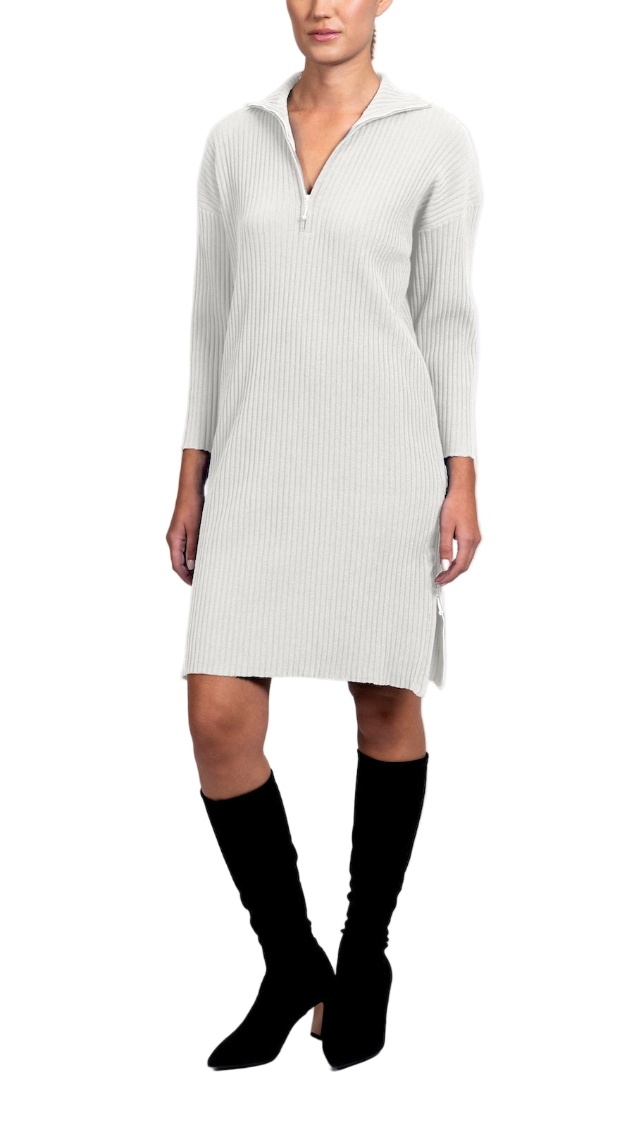 Sandy Vertical Rib-Knit Zip Up Mock Neck Dress; Winter White