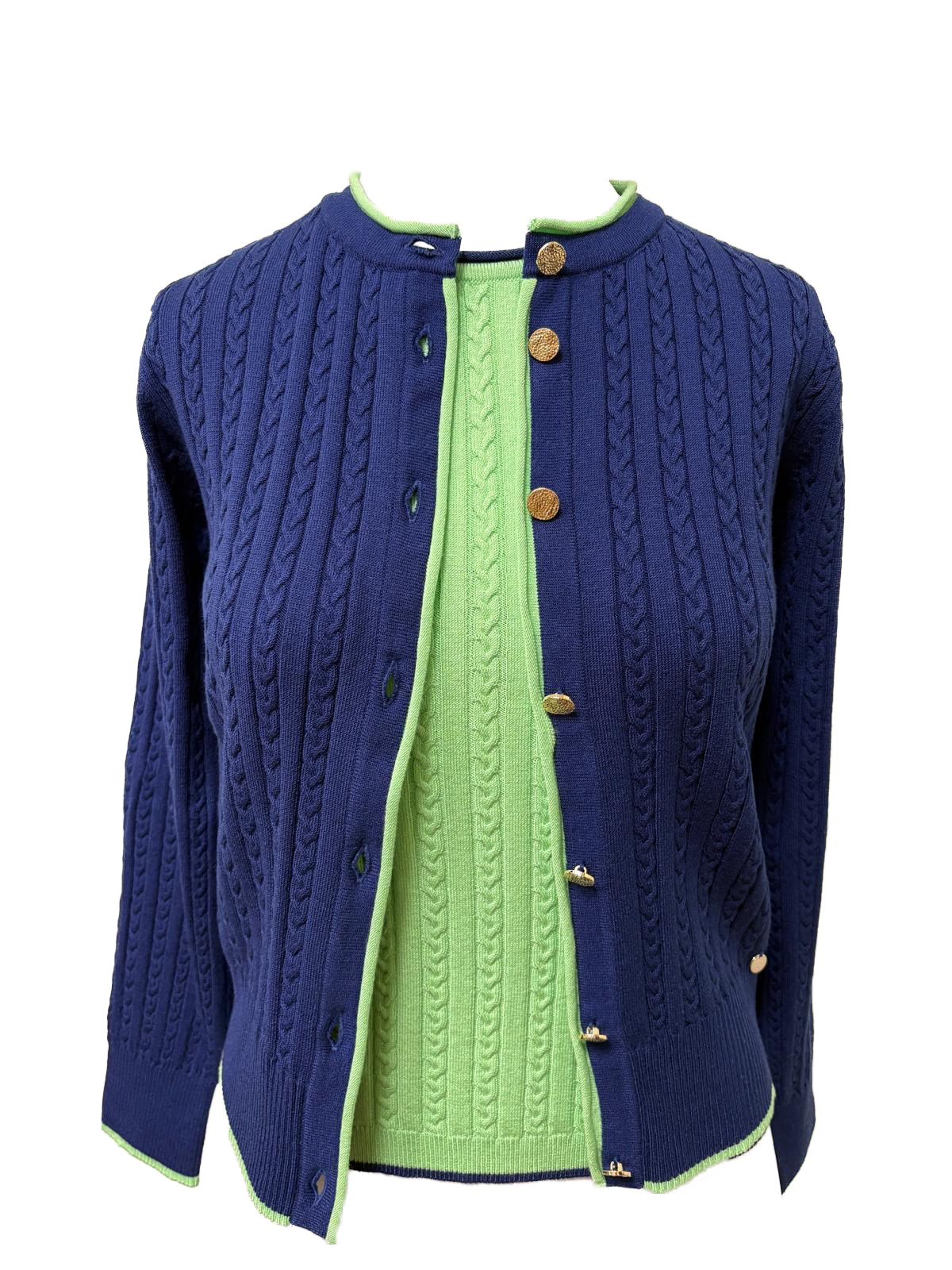 Kristin Cable-Knit Cardigan, Navy / Lime