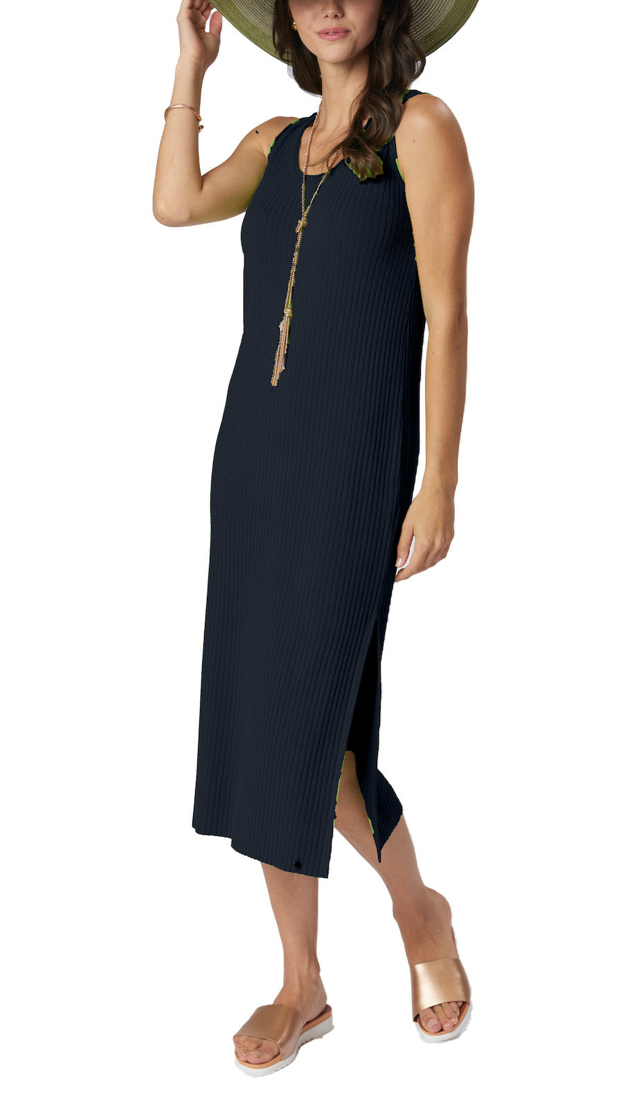Betsy Vertical Rib Knit Sleeveless Mid-calf Sheath Dress; Dark Navy